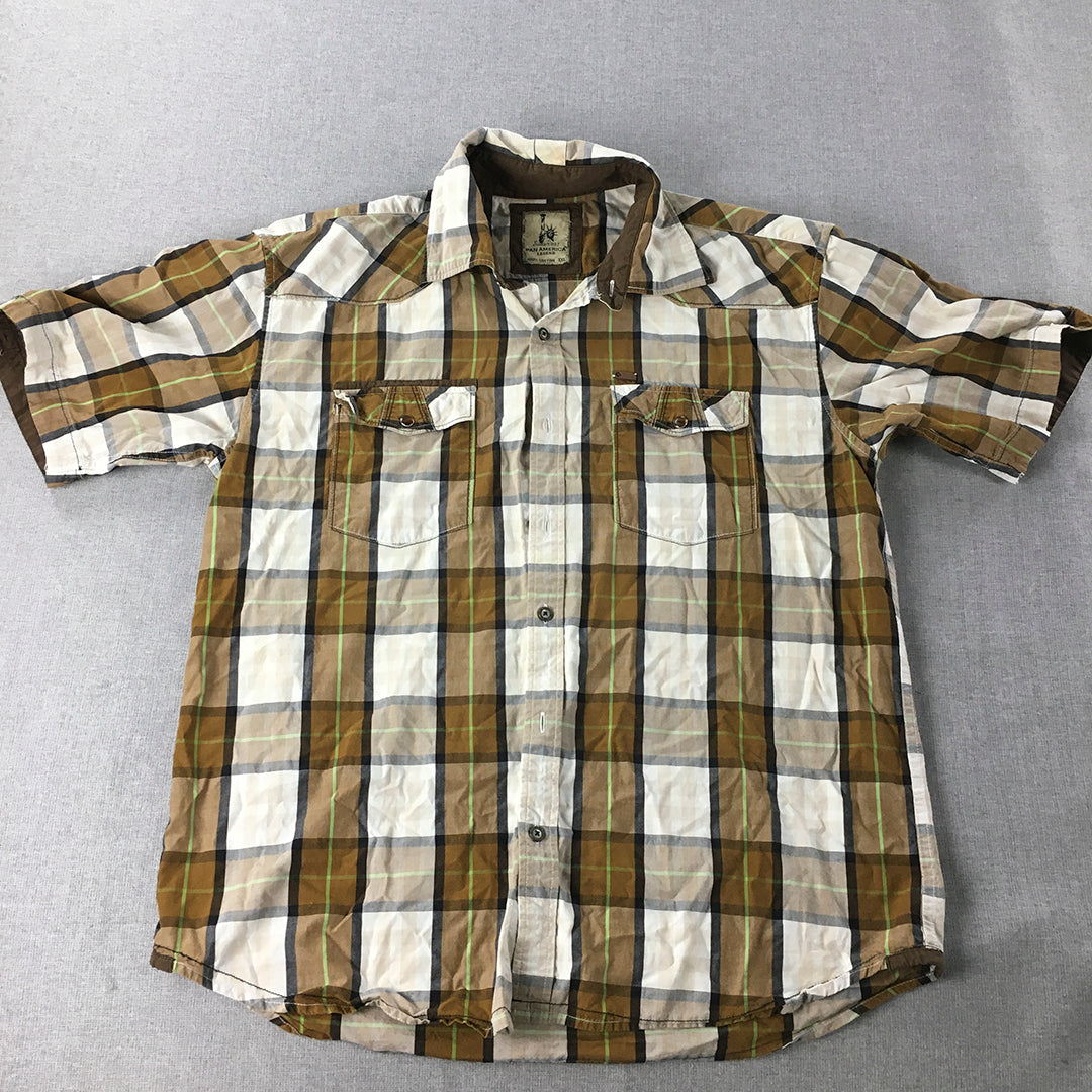 Pan American Legend Womens Shirt Size 2XL Brown White Checkered Button-Up