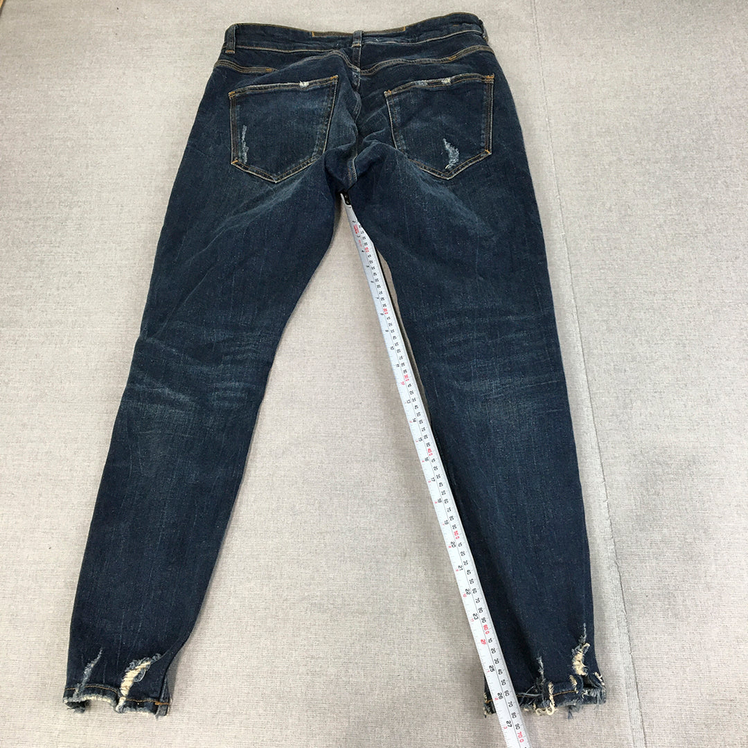 Zara Mens Skinny Jeans Size 32 Blue Dark Wash Ripped Stretch Denim