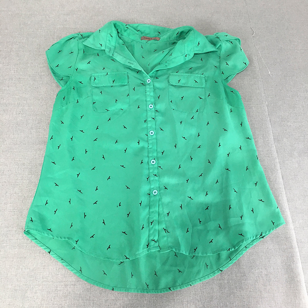 Favour Womens Shirt Size 14 Green Bird Pattern Button-Up Short Sleeve Top