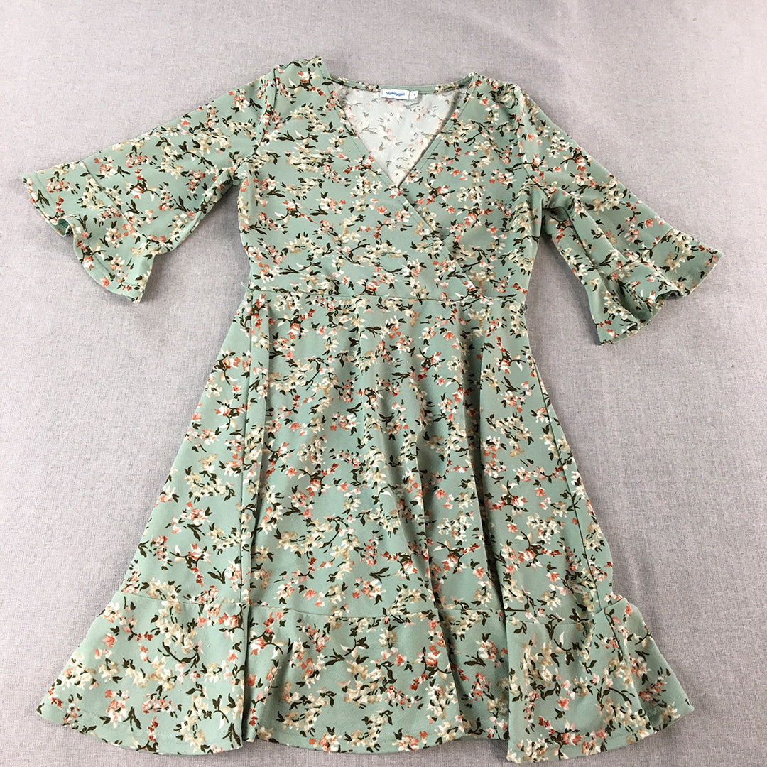 Valleygirl Womens Mini Dress Size S Green Floral Surplice Neckline A-Line