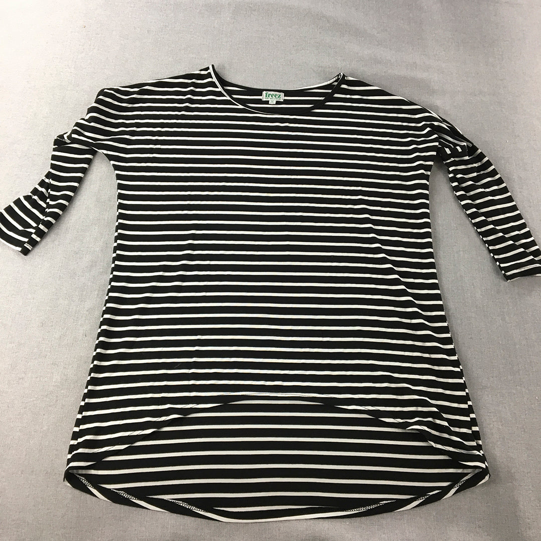 Freez Womens Knit Top Size M Black White Striped Pullover Crew Neck