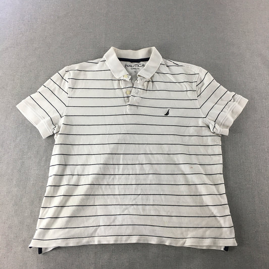 Nautica Mens Polo Shirt Size L Classic Fit White Striped Logo Collared Rugby