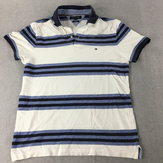 Tommy Hilfiger Mens Polo Shirt Size L Slim Fit Blue White Collared Rugby