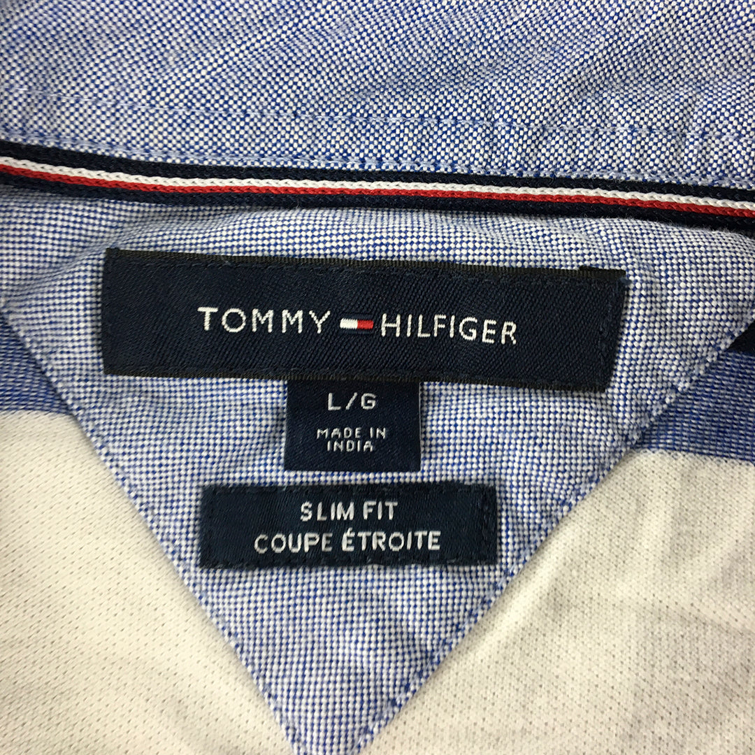 Tommy Hilfiger Mens Polo Shirt Size L Slim Fit Blue White Collared Rugby