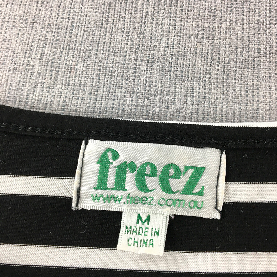 Freez Womens Knit Top Size M Black White Striped Pullover Crew Neck