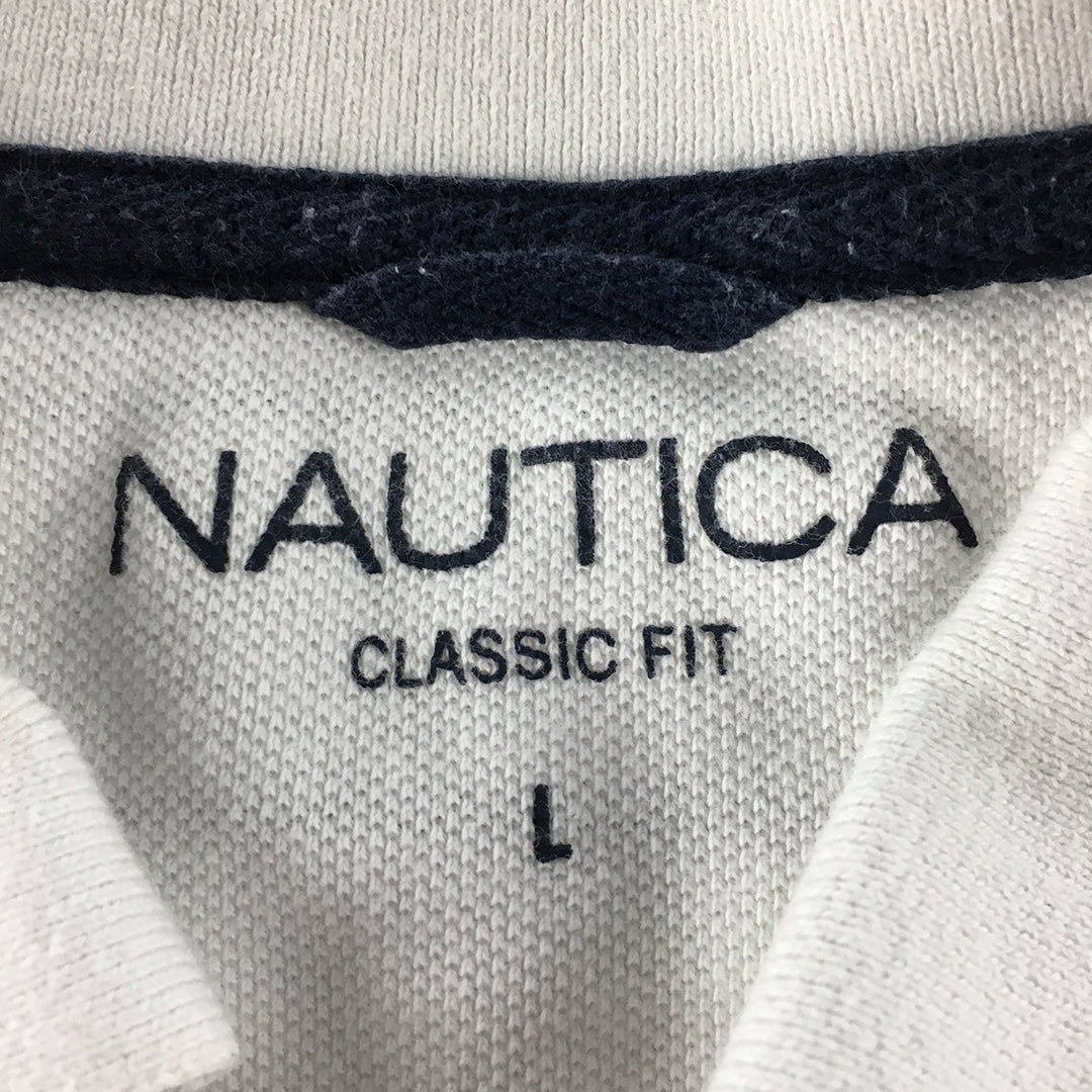 Nautica Mens Polo Shirt Size L Classic Fit White Striped Logo Collared Rugby