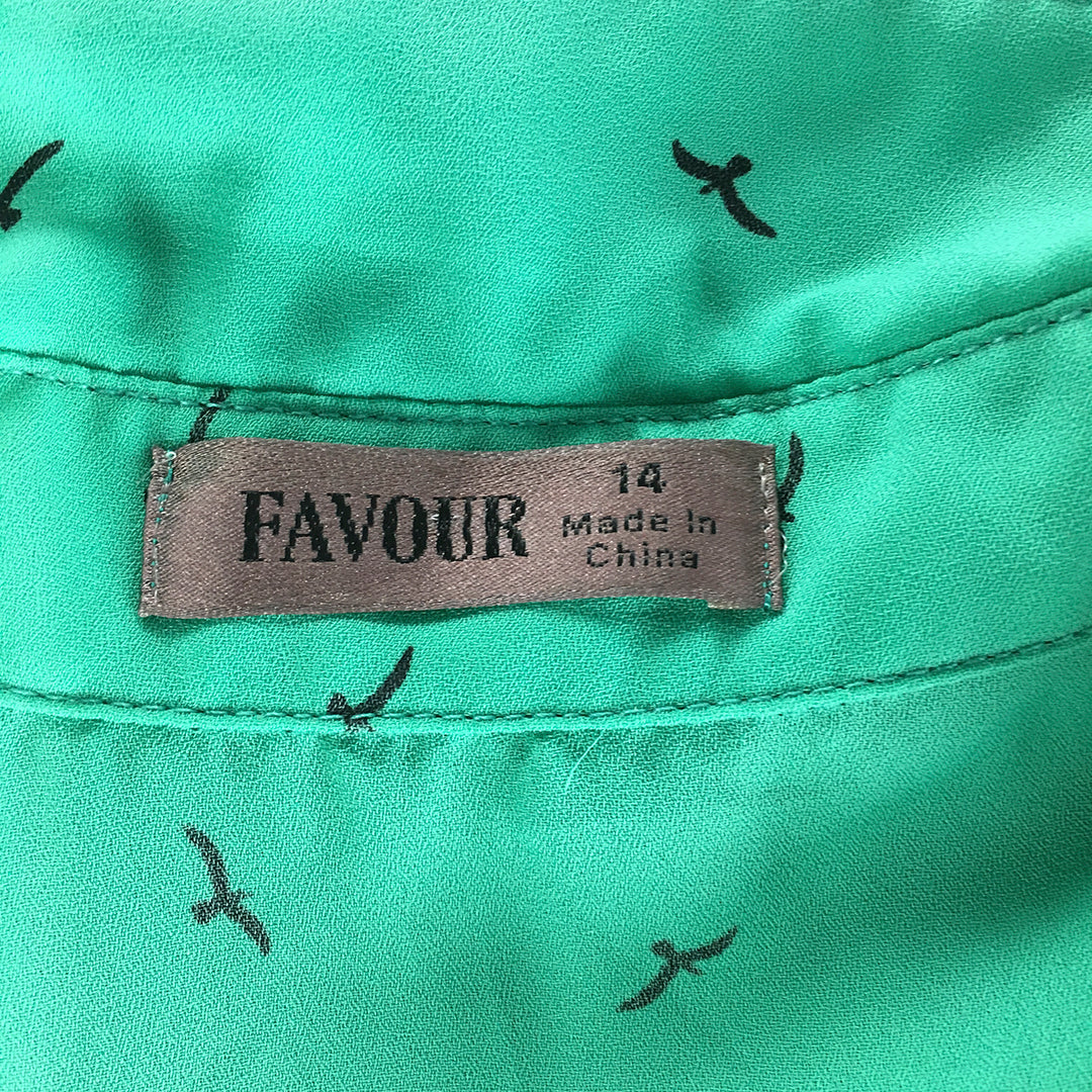 Favour Womens Shirt Size 14 Green Bird Pattern Button-Up Short Sleeve Top