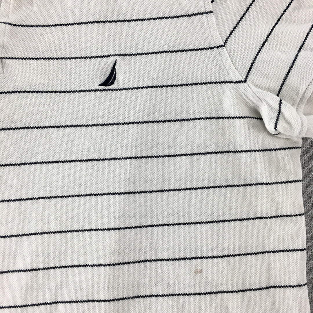 Nautica Mens Polo Shirt Size L Classic Fit White Striped Logo Collared Rugby