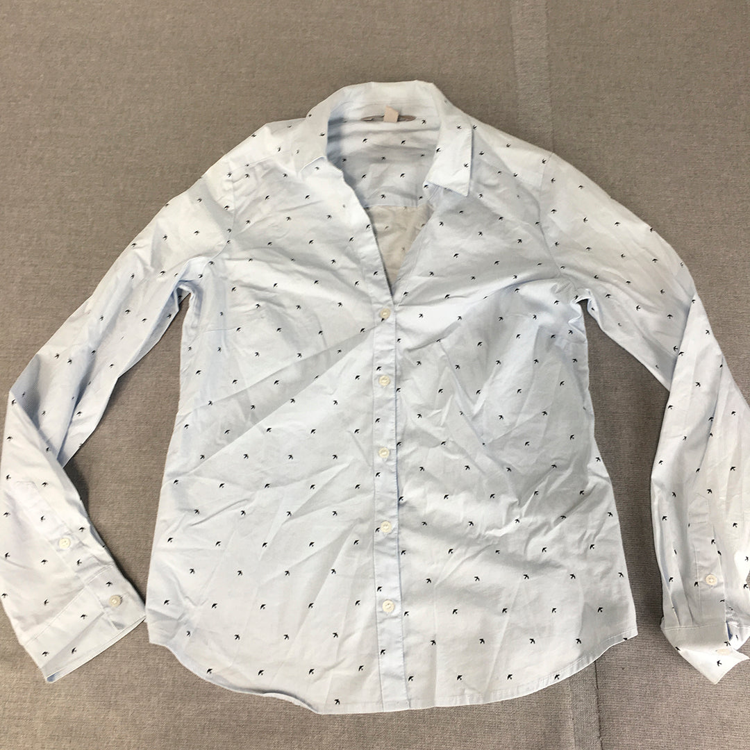 H&M Womens Shirt Size 6 White Blue Striped Bird Pattern Button-Up Top