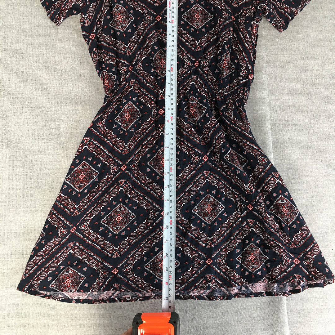 H&M Womens Mini Dress Size 6 Navy Blue Red Paisley Fit & Flare