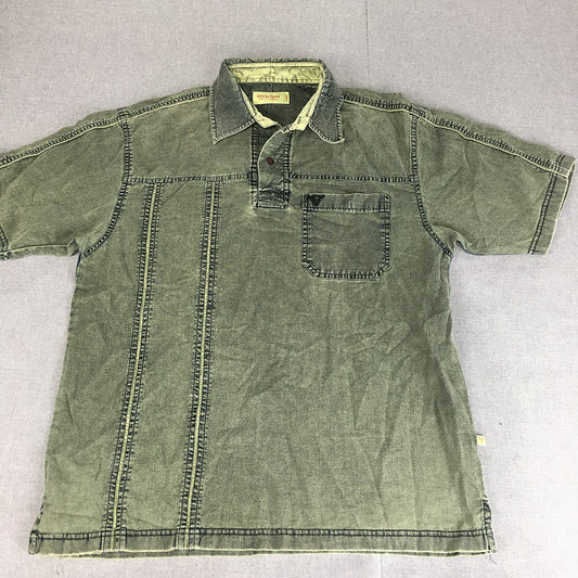 Vintage Bison Mens Denim Polo Shirt Size L Khaki Green Short Sleeve Rugby