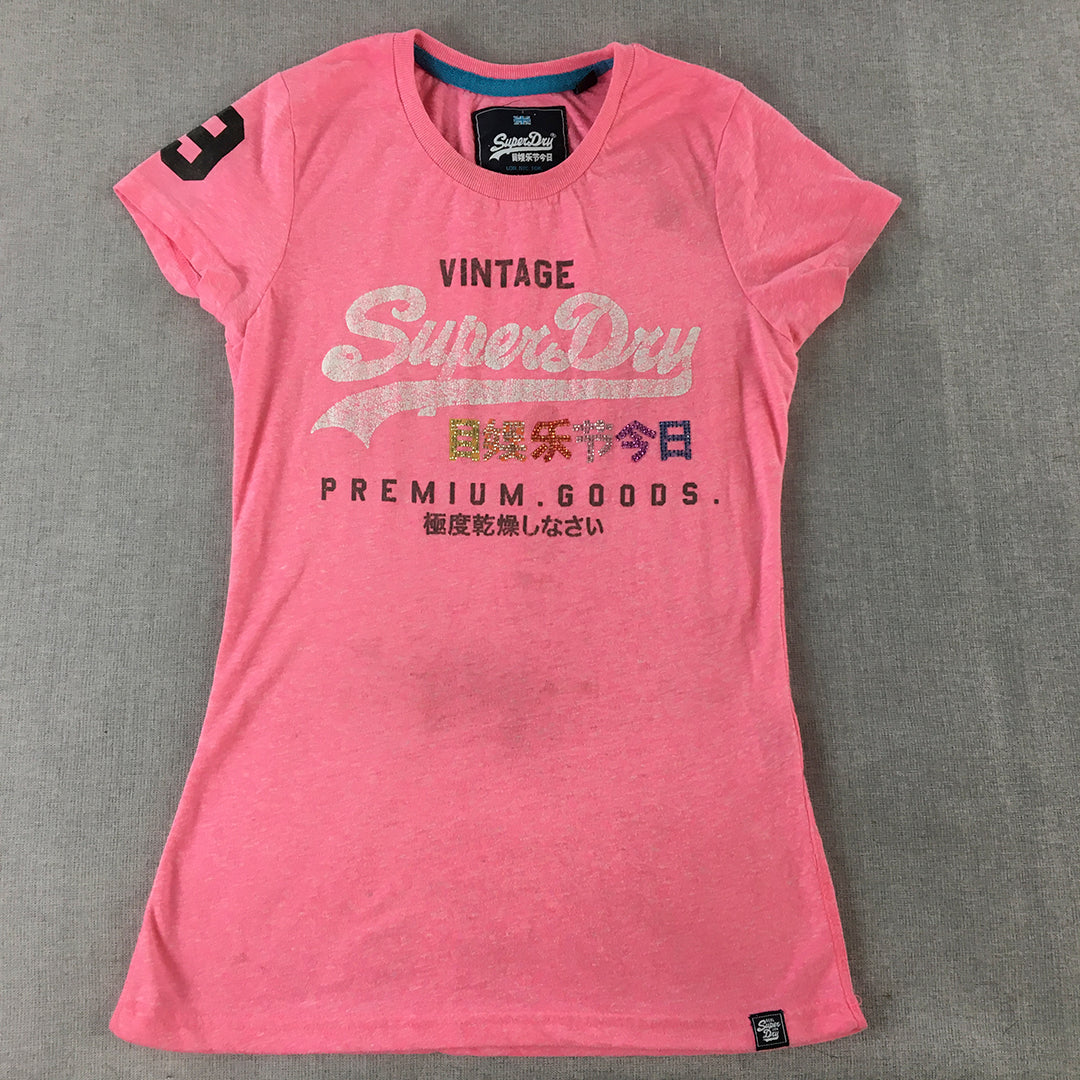 Superdry Womens T-Shirt Size 10 Pink Big Logo Short Sleeve Top