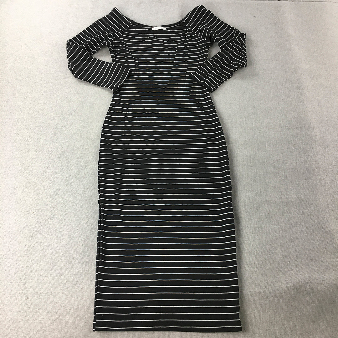 Zara Trafaluc Womens Bodycon Dress Size M Black Striped Midi Long Sleeve