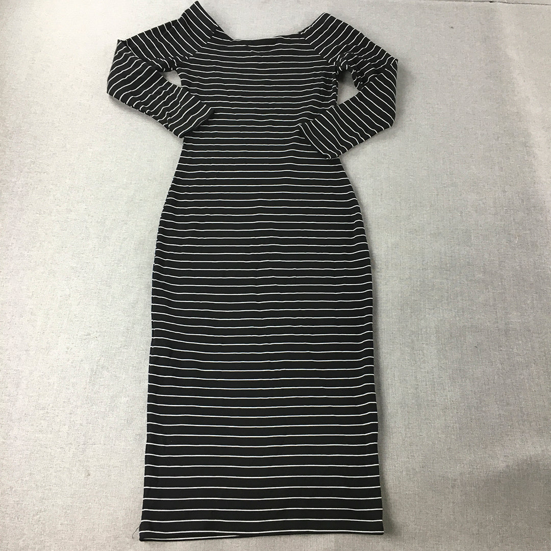 Zara Trafaluc Womens Bodycon Dress Size M Black Striped Midi Long Sleeve