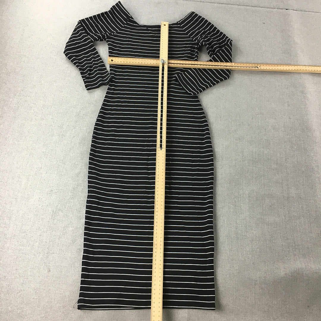 Zara Trafaluc Womens Bodycon Dress Size M Black Striped Midi Long Sleeve