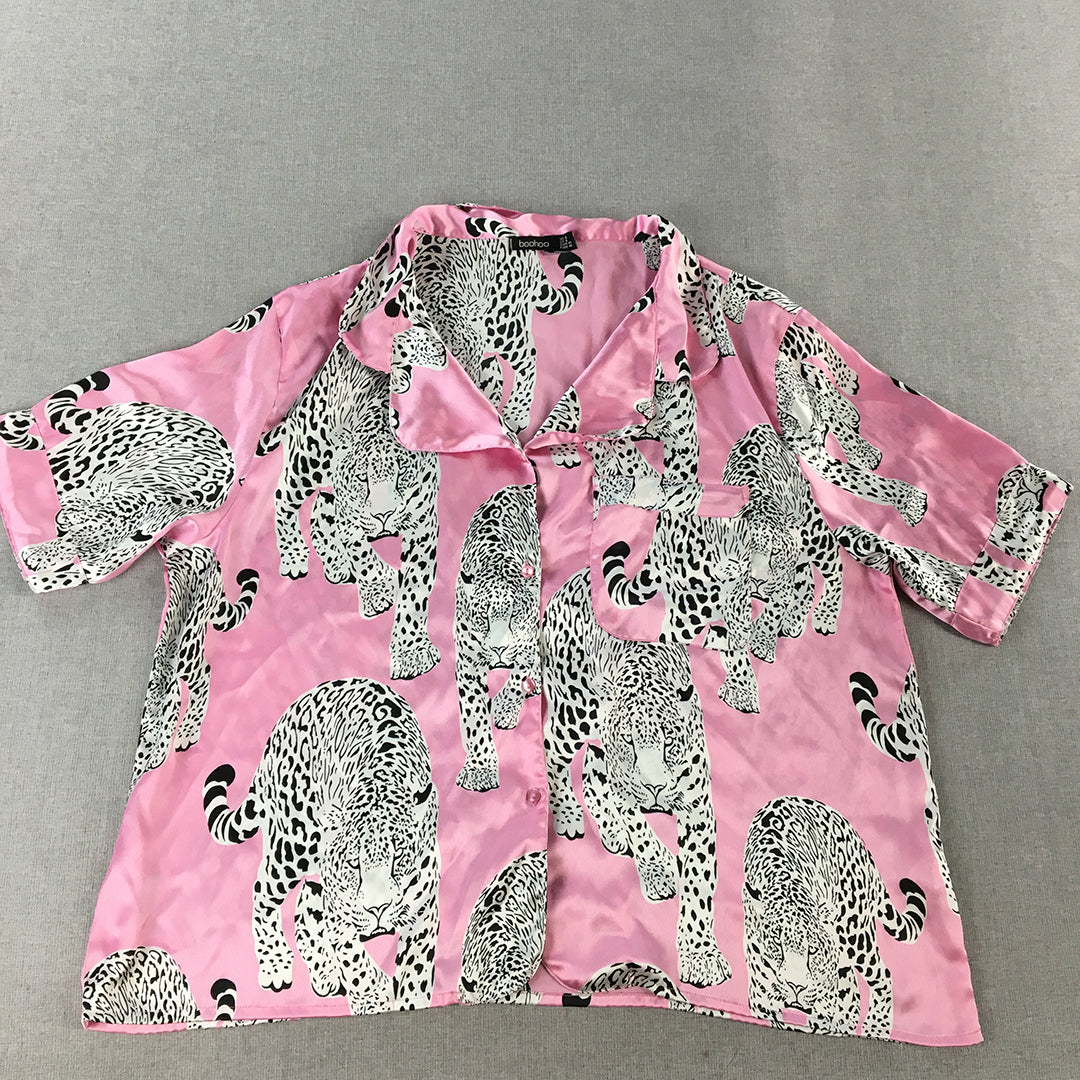 Boohoo Womens Top Size 20 Pink Leopard Cat Pattern Button-Up Short Sleeve