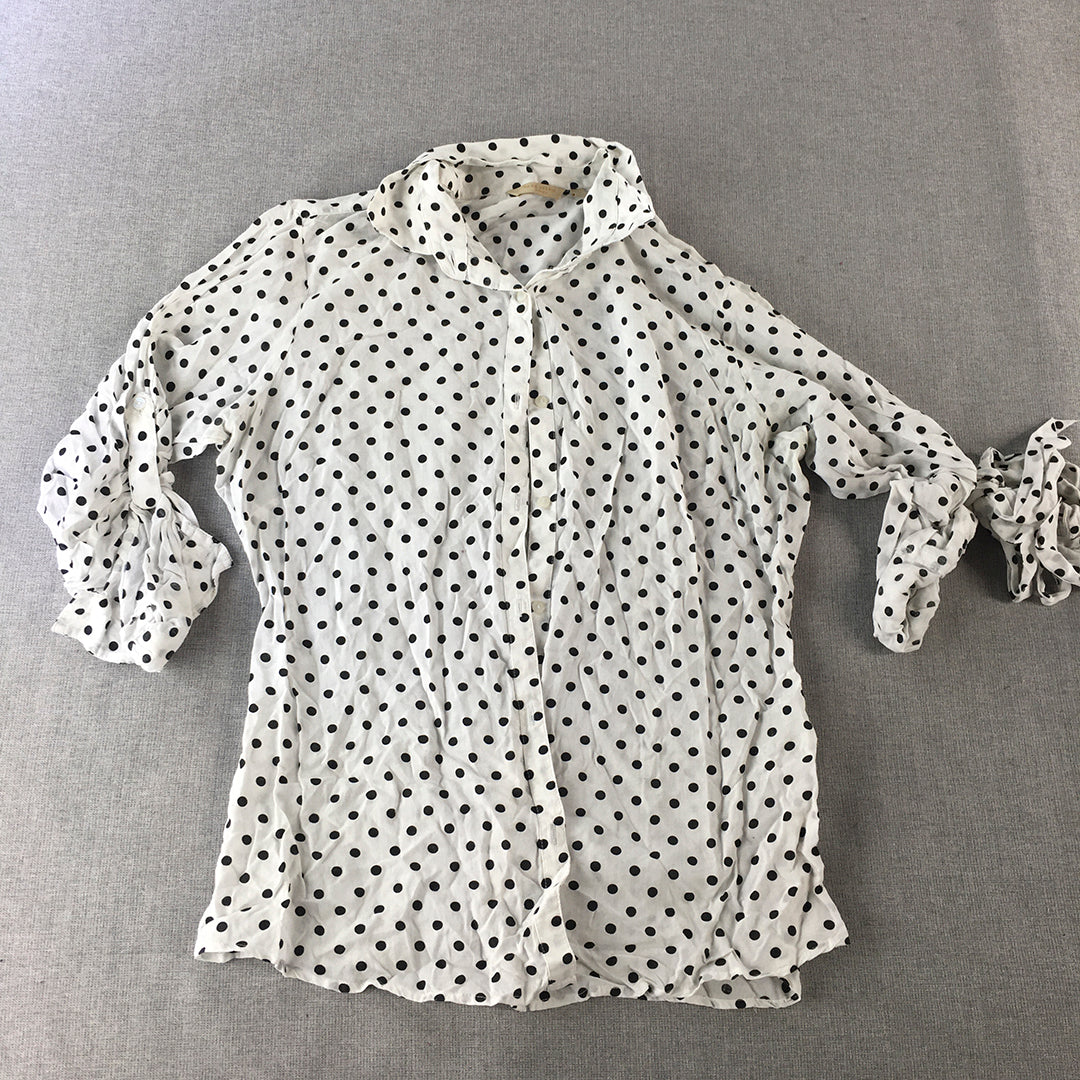 Park Avenue Womens Top Size 12 White Polka Dot Long Sleeve Button-Up Shirt