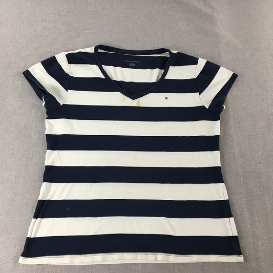 Tommy Hilfiger Womens T-Shirt Size 2XL Blue White Striped Logo V-Neck Top