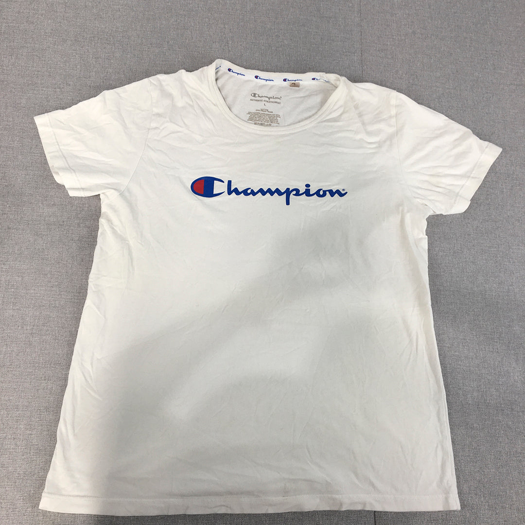 Champion Womens T-Shirt Size L White Big Logo Short Sleeve Crew Neck Tee