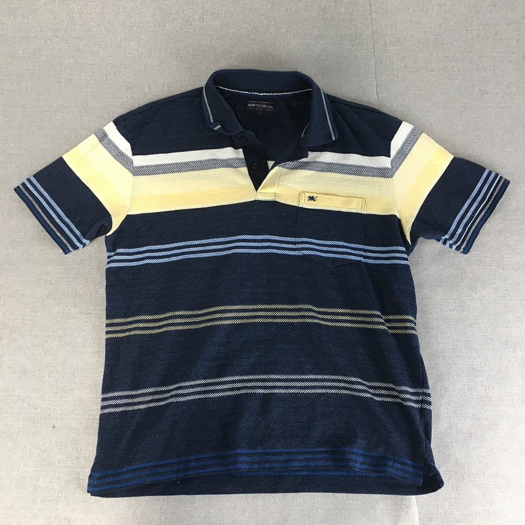 Monte Carlo Mens Polo Shirt Size L Blue Yellow Striped Collared Pocket Rugby