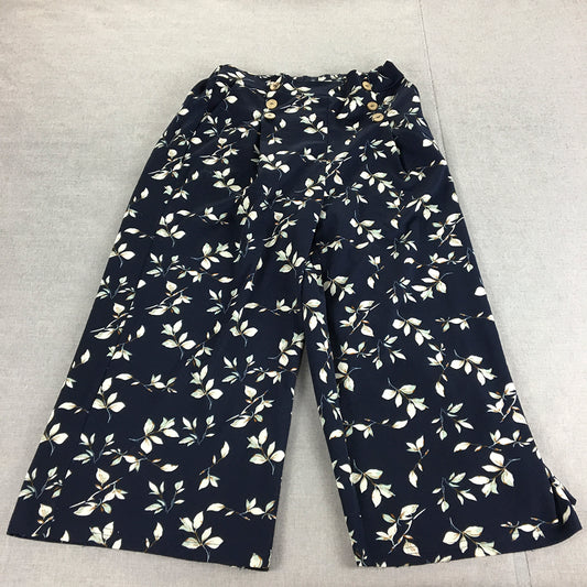 Valleygirl Womens Wide-Leg Pants Size 12 Blue Elastic Waist Floral Cropped