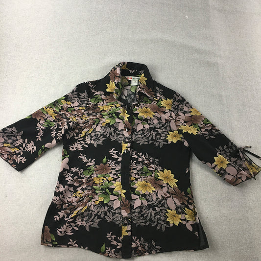 2U Designs Womens Top Size L Black Floral 3/4 Length Sleeves Button-Up Shirt