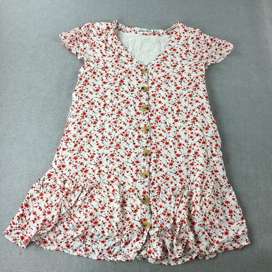 Grace & Co Womens Mini Dress Size 10 White Red Floral Button Short Sleeve