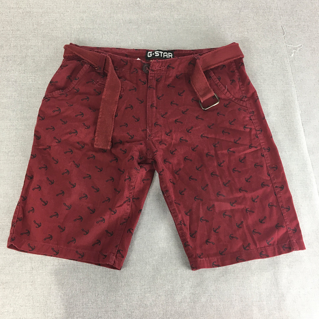 G-Star Raw Mens Chino Shorts Size 34 Red Anchor Pattern Belted Pockets