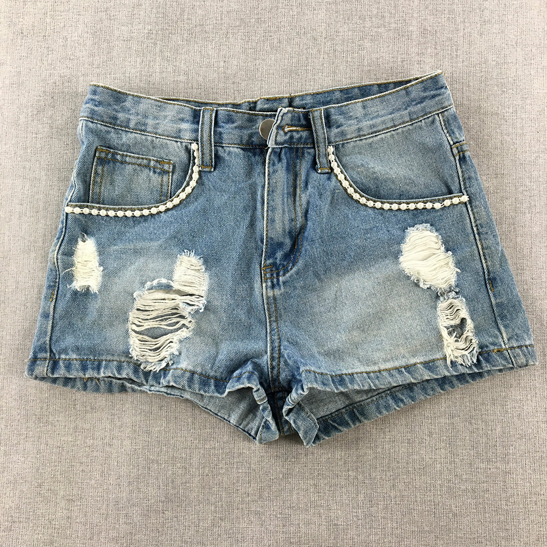 Boohoo Womens Denim Shorts Size 6 Blue Light Wash Distressed