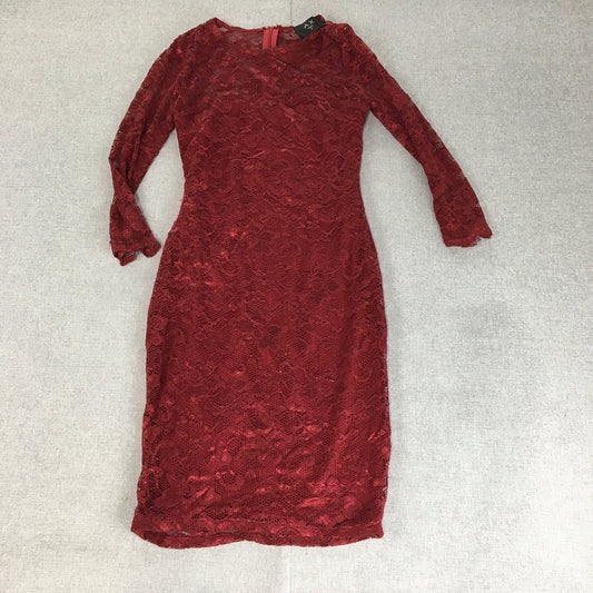 AX Paris Womens Evening Gown Size 8 Red Floral Lace Mini Cocktail Long Sleeve