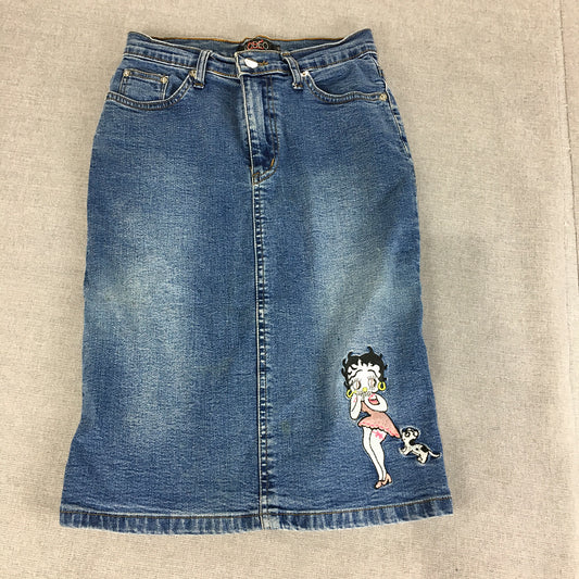 Vintage Betty Boop Womens Denim Skirt Size 27 Blue Midi Straight Embroidered