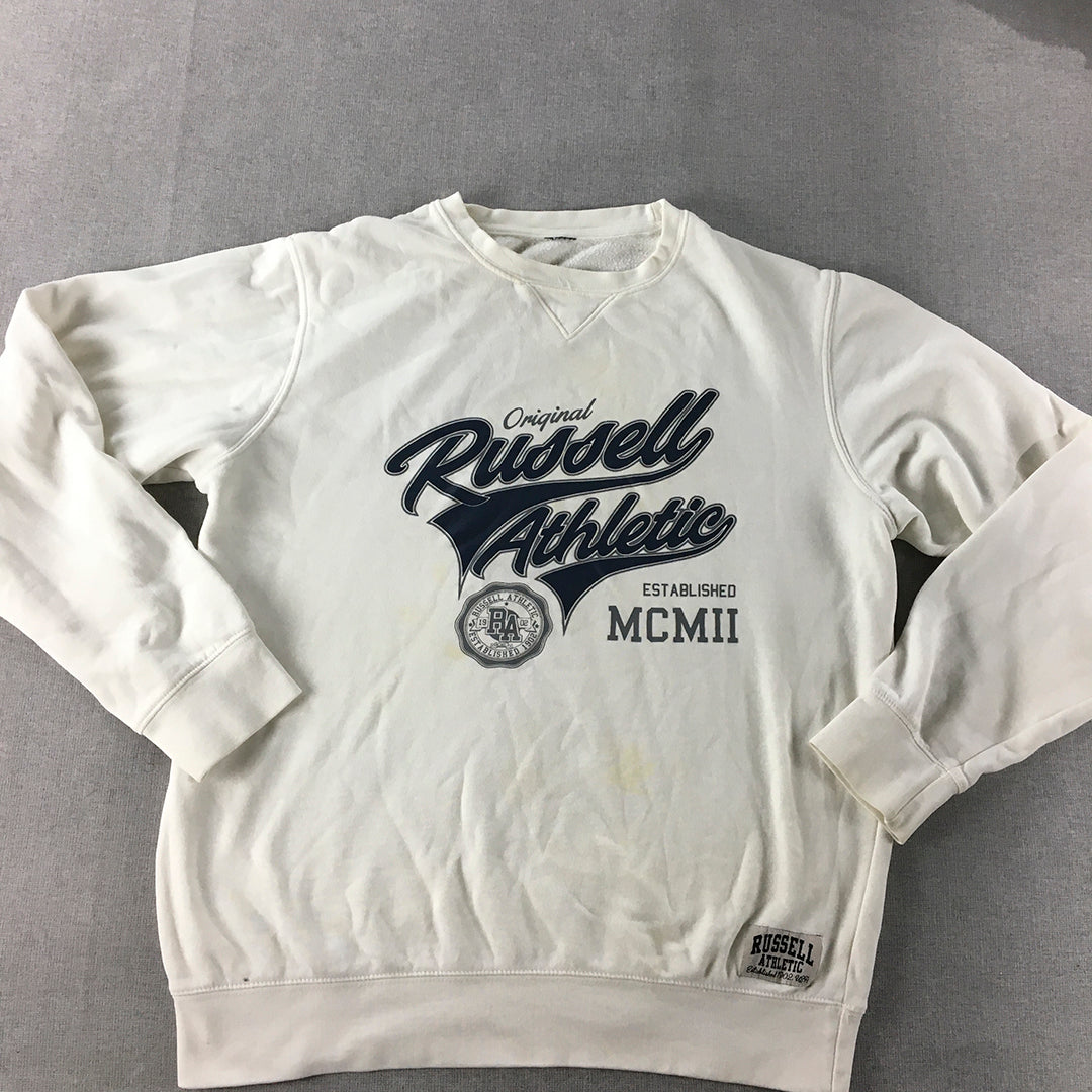 Russell Athletic Mens Sweater Size M White Big Logo Crew Neck Jumper