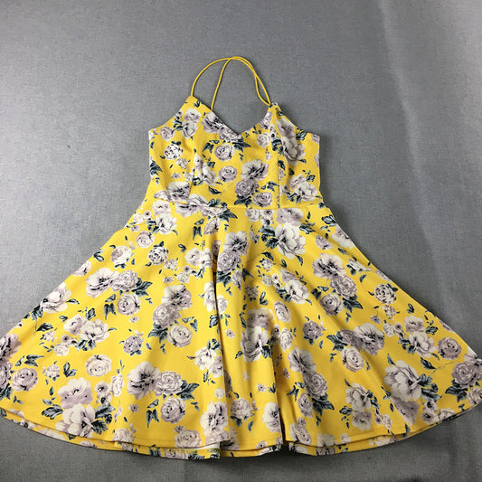 Valleygirl Womens Mini Dress Size M Yellow Floral Fit & Flare Spaghetti Strap