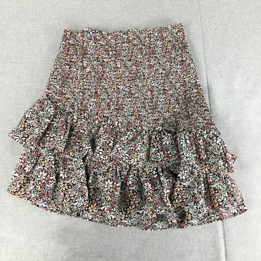 Decjuba Womens Mini Skirt Size S Pink Black Floral Frilled Elastic Waist