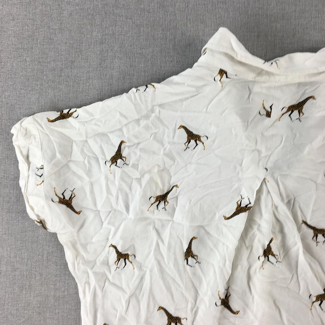 Jane And Delancey Womens Top Size M White Giraffe Pattern Short Sleeve Button-Up