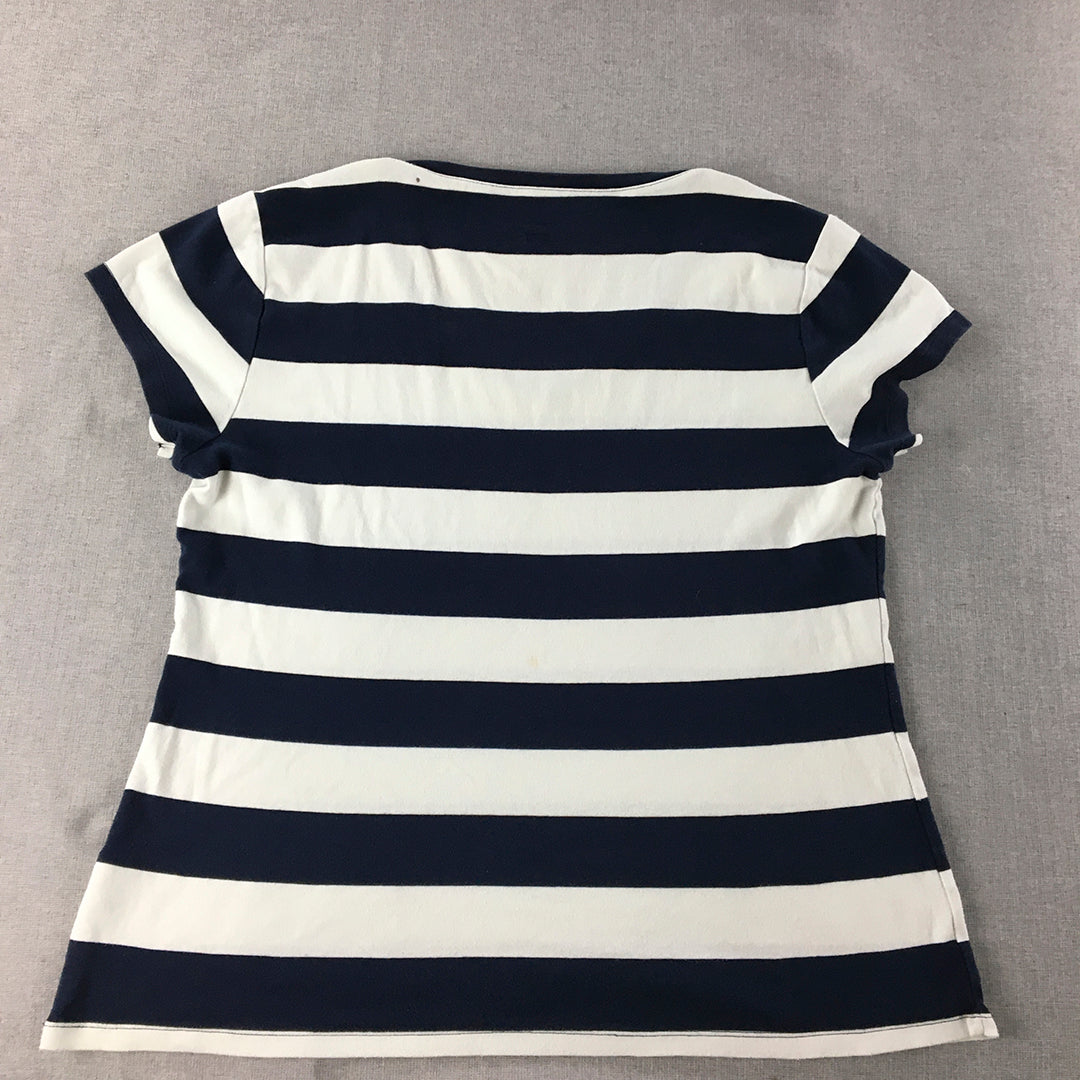 Tommy Hilfiger Womens T-Shirt Size 2XL Blue White Striped Logo V-Neck Top