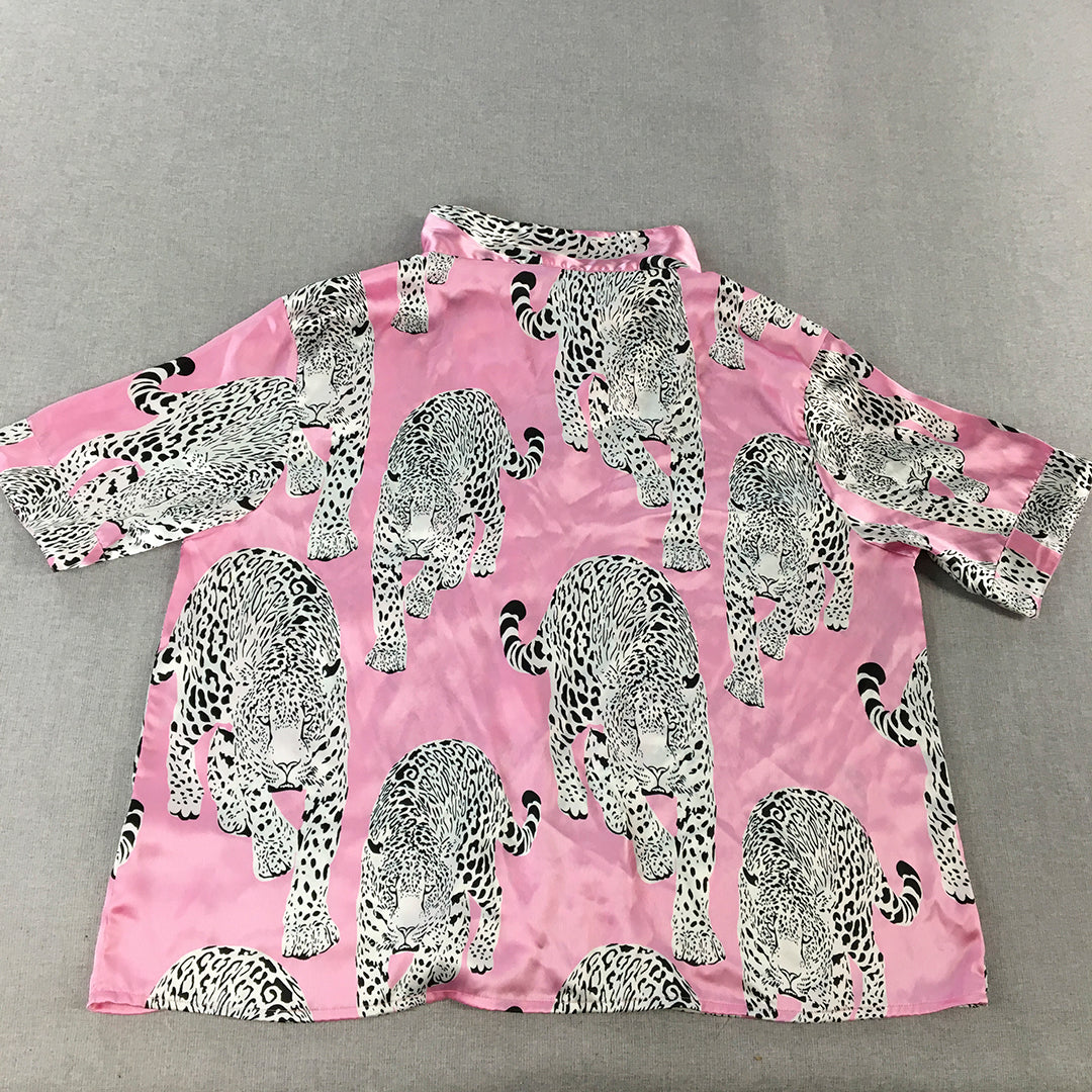 Boohoo Womens Top Size 20 Pink Leopard Cat Pattern Button-Up Short Sleeve