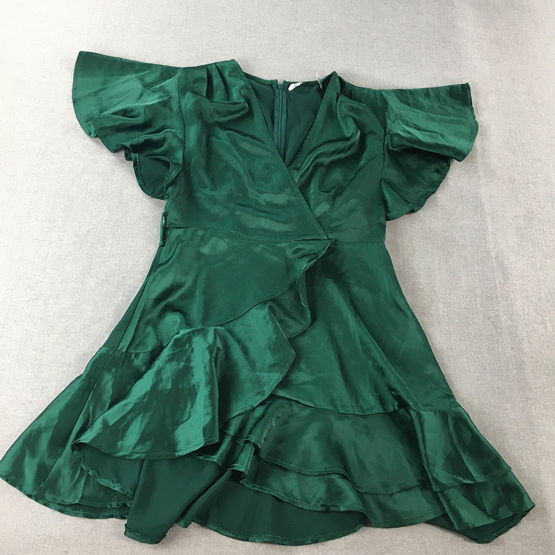 Saints & Secrets Womens Mini Dress Size 12 Green Wrap Frilled V-Neck Fit Flare