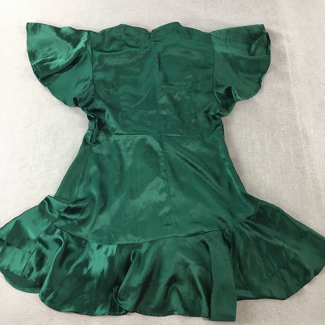 Saints & Secrets Womens Mini Dress Size 12 Green Wrap Frilled V-Neck Fit Flare