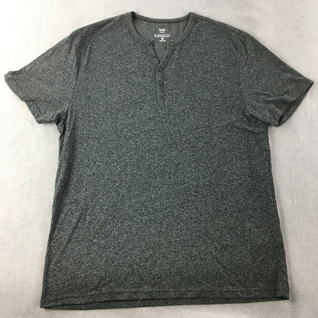 Giordano Mens Henley Shirt Size XL Slim Fit Grey Button Neckline Short Sleeve