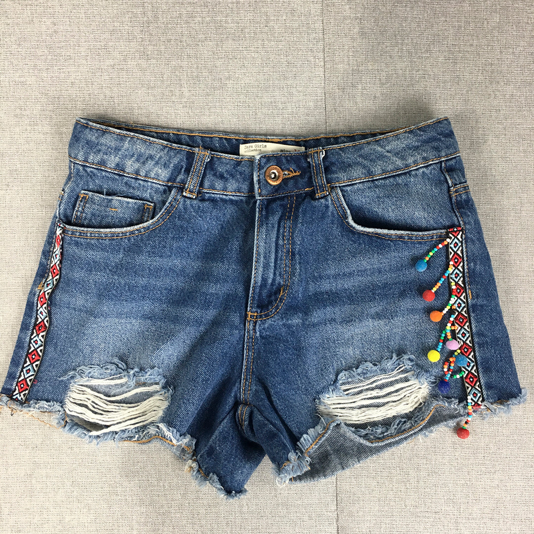 Zara Kids Girls Denim Shorts Size 10 Blue Raw Hem Beads Aztec Pockets