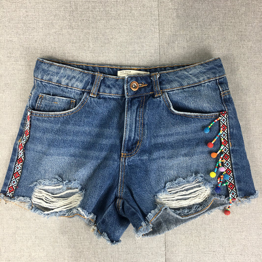 Zara Kids Girls Denim Shorts Size 10 Blue Raw Hem Beads Aztec Pockets