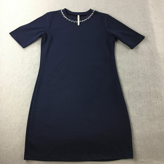 Femina Flaunt Womens Mini Dress Size S Navy Blue Diamante Short Sleeve Stretch