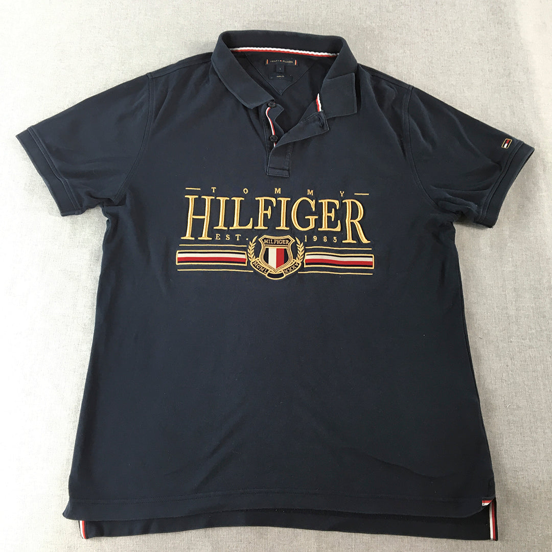 Tommy Hilfiger Mens Polo Shirt Size L Slim Fit Blue Big Embroidered Logo Rugby