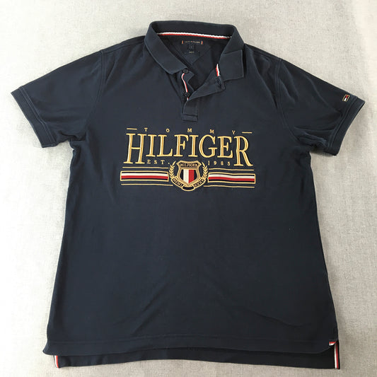 Tommy Hilfiger Mens Polo Shirt Size L Slim Fit Blue Big Embroidered Logo Rugby