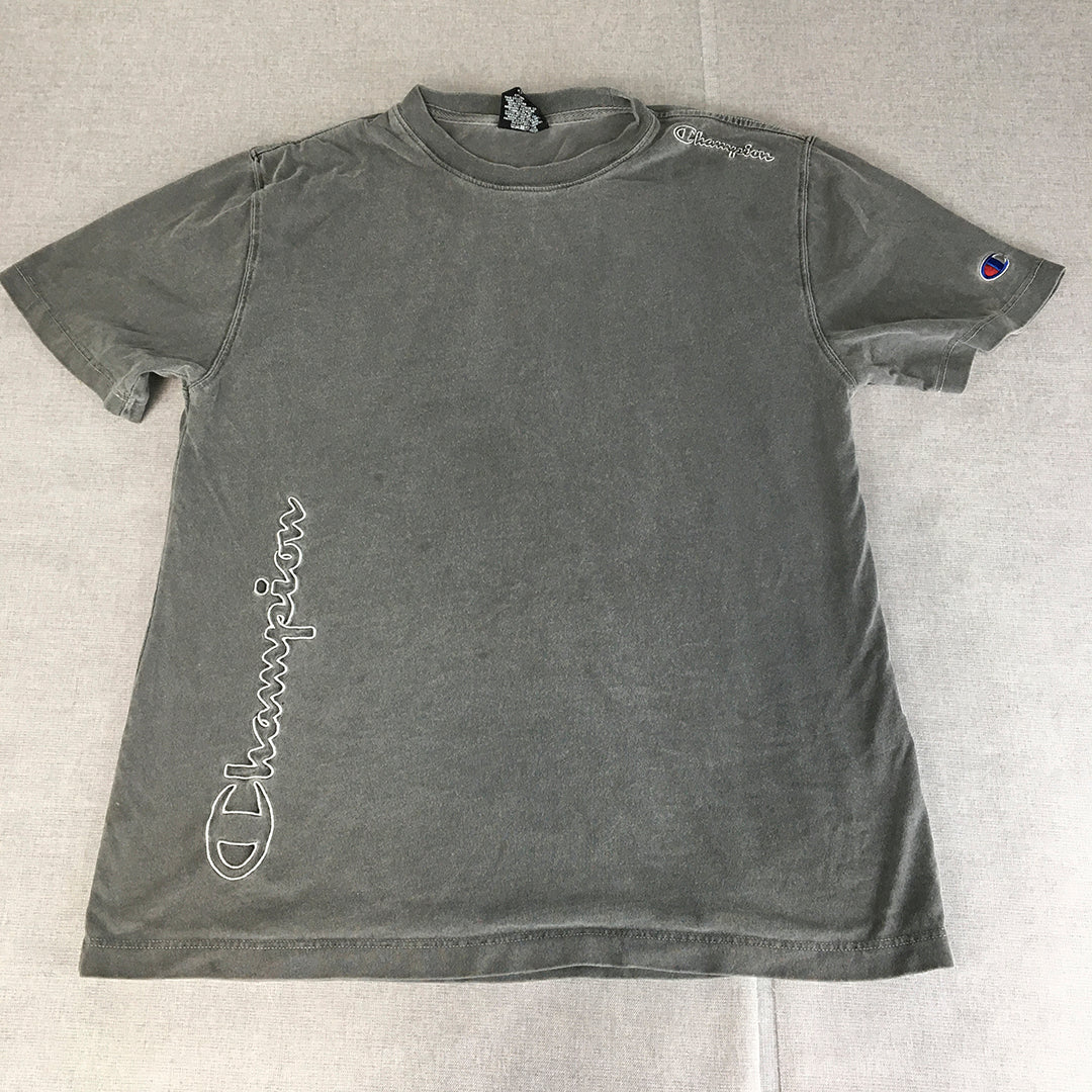 Vintage Champion Mens T-Shirt Size M Grey Big Embroidered Logo Tee