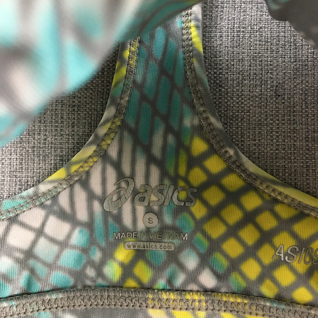 Asics Womens Sports Bra Size S Grey Yellow Logo Cropped Top