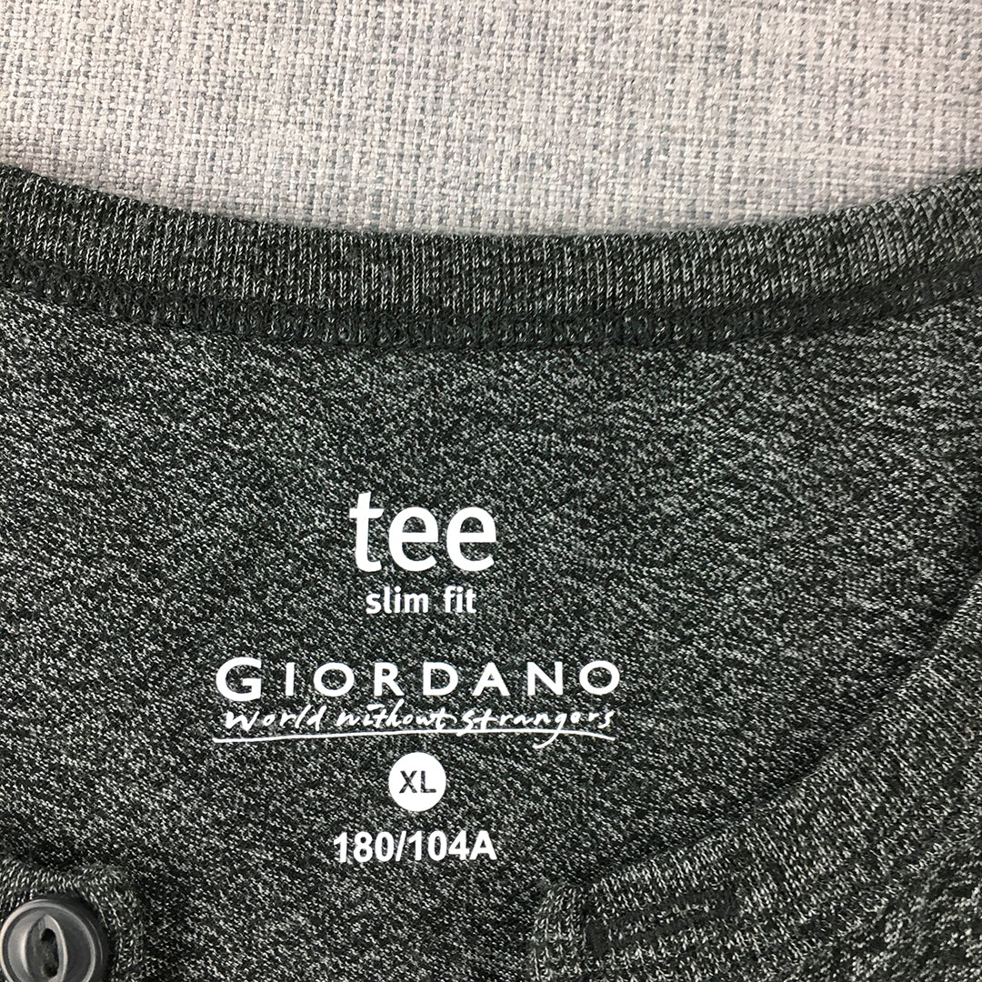 Giordano Mens Henley Shirt Size XL Slim Fit Grey Button Neckline Short Sleeve