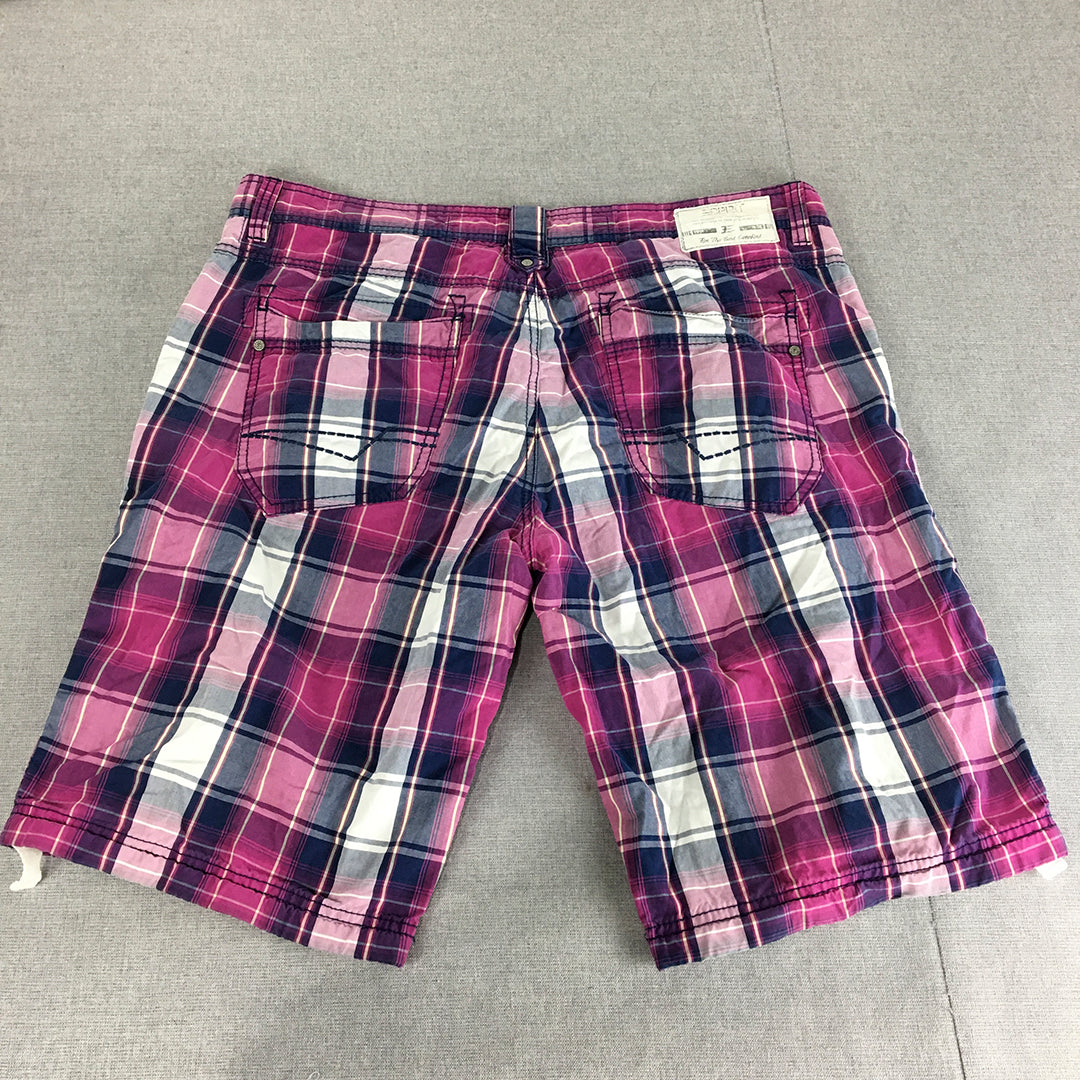 Esprit Mens Shorts Size 36 Pink Checkered Pockets Casual Walking