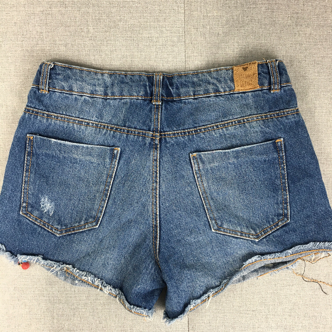 Zara Kids Girls Denim Shorts Size 10 Blue Raw Hem Beads Aztec Pockets